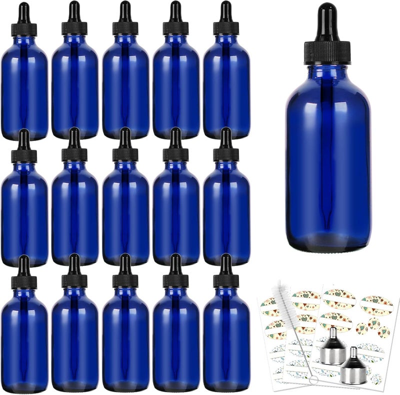 CycleMore 16 Pack (120 ml) 4 oz Blue Boston Bottles with Glass Eye Droppers, Glass Dropper Bottles for Essential Oils & Lab Chemicals & More Liquids Ideal for Mom & Friends - Image 1